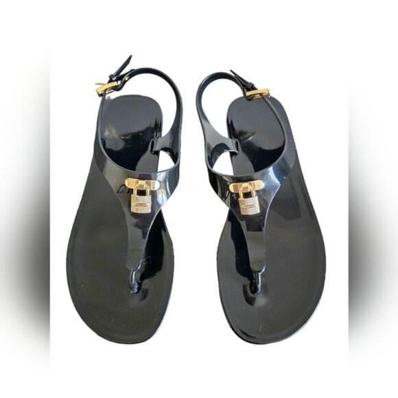 Michael Kors Mira Jelly Thong Sandals Black Gold Lock Accent size 7 - Picture 1 of 6
